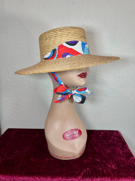 Vintage Accessories - Straw Sun Hat - Fabric Ribbon Accent Chin Strap - Medium