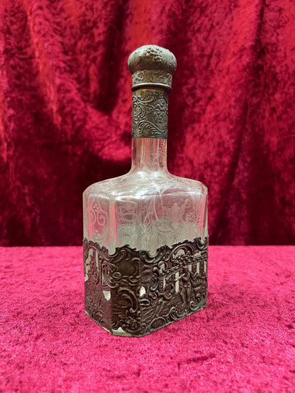 Vintage Barware - Antique 18th Century Etched Glass Decanter - Silver Repousse - German