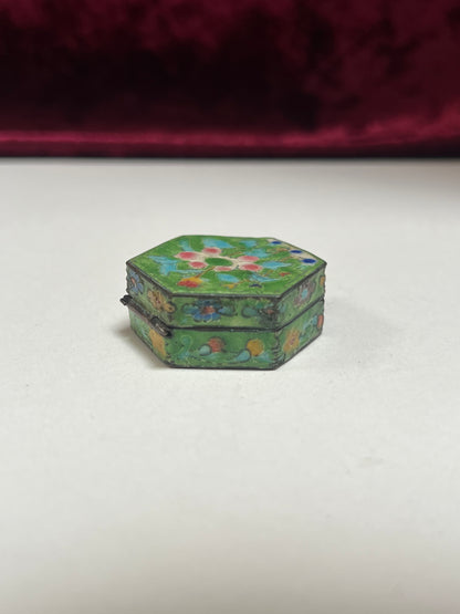 Vintage Trinket Box - Copper Cloisonne Enamel Pill Box - Bright Green Floral Design - Made in China