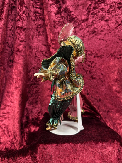 Vintage Porcelain Jester Doll – Metallic Pleated Costume Renaissance Figure - Pink Teal and Gold