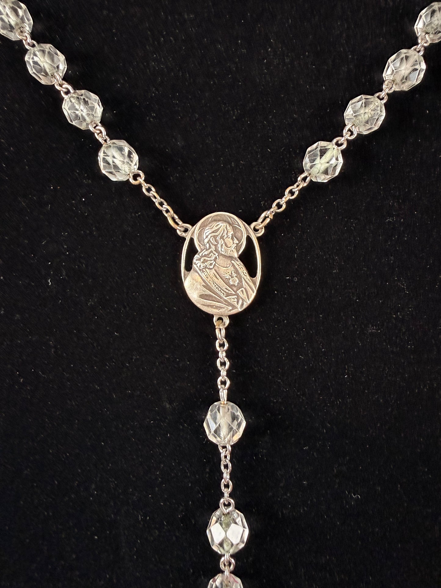 Vintage Jewelry - Italian Rosary - Sterling Silver - Clear Faceted Beads - 24”
