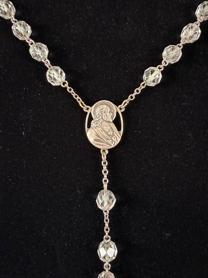 Vintage Jewelry - Italian Rosary - Sterling Silver - Clear Faceted Beads - 24”