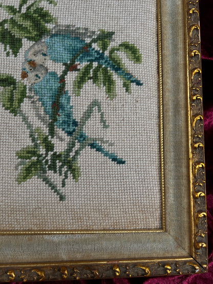 Vintage Framed Needlepoint Wall Art – Blue Parakeet Birds On A Branch