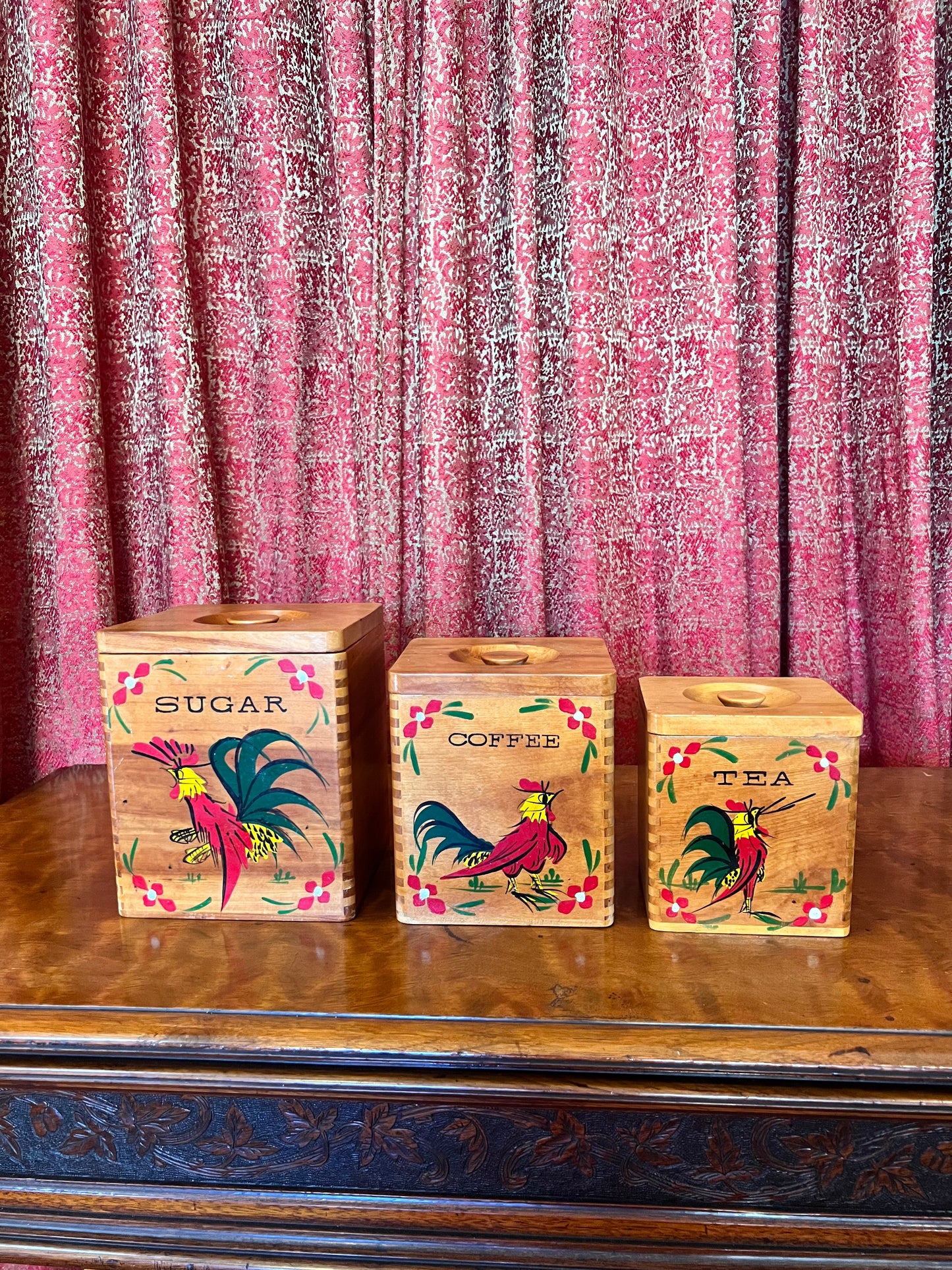 Vintage Kitchen - 1950s Wooden Rooster Canister Set - Coffee Sugar Tea