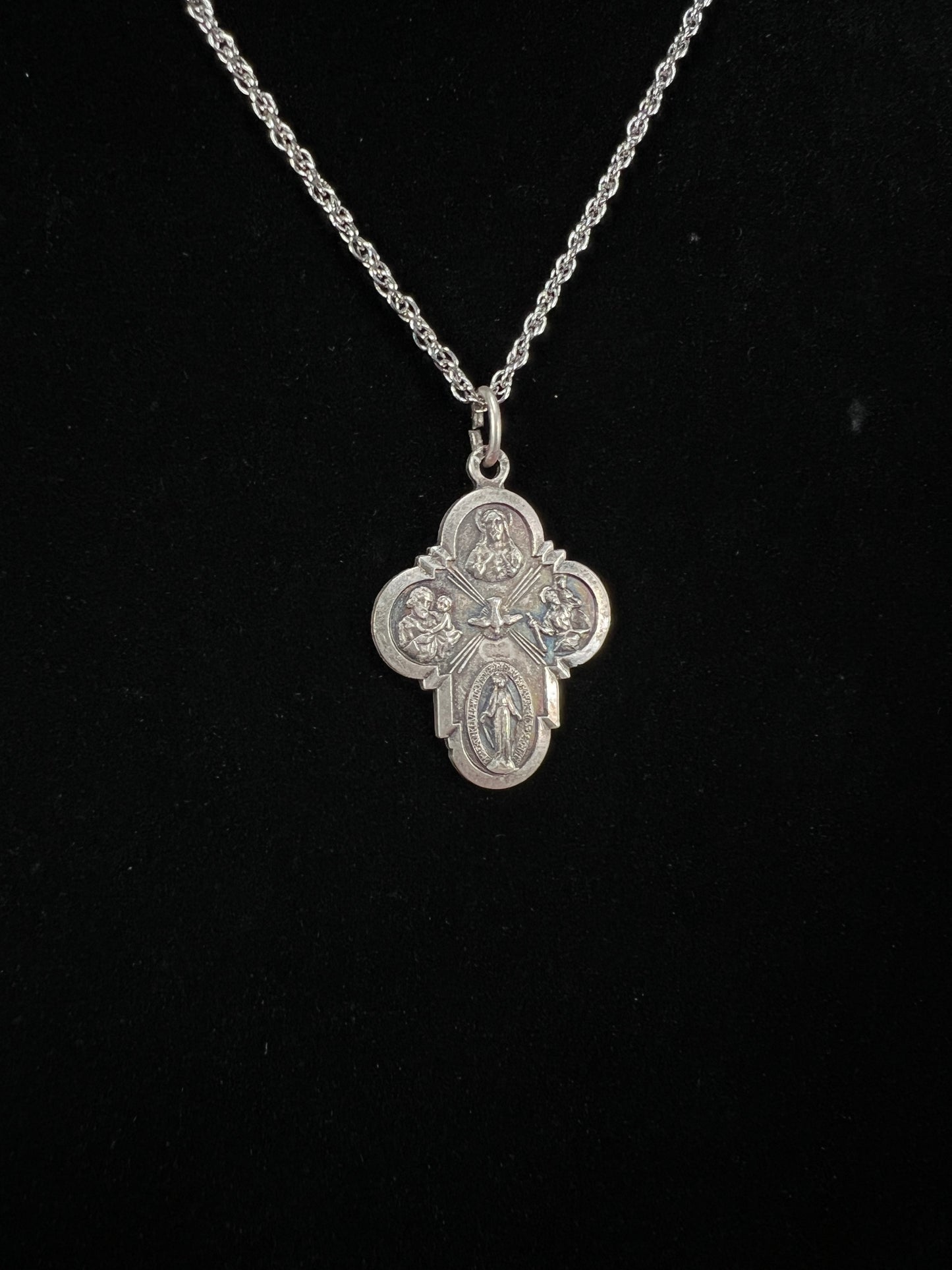Vintage Silver Plated Religious Medal Pendant - Mother Mary and The Holy Trinity Cross