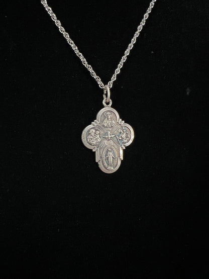 Vintage Silver Plated Religious Medal Pendant - Mother Mary and The Holy Trinity Cross
