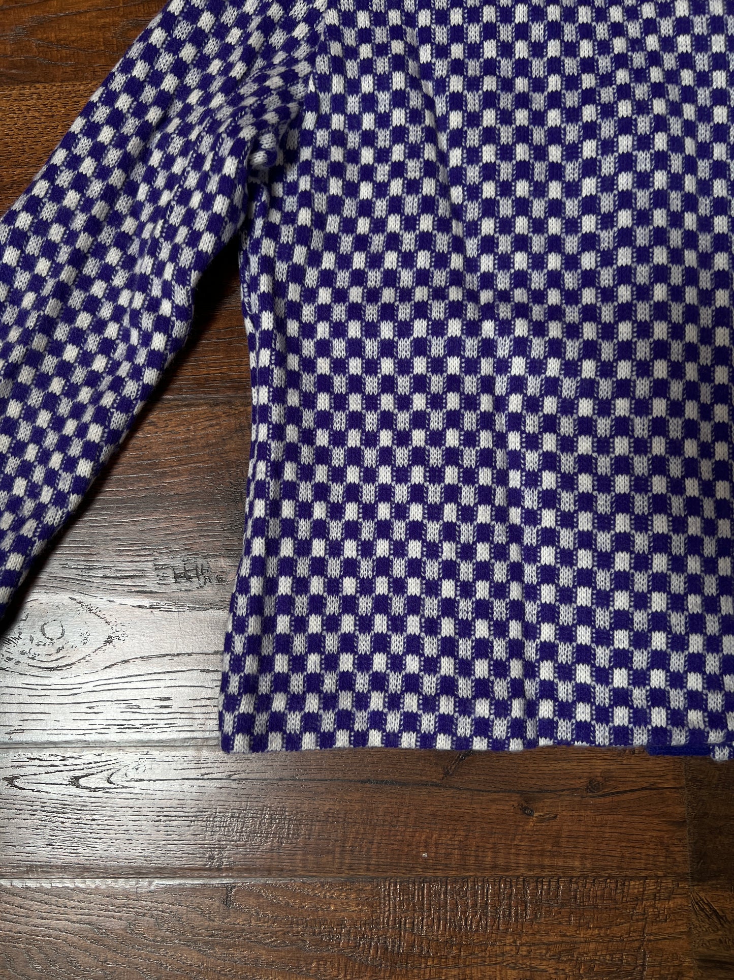 Vintage Acrylic Cardigan - Purple White Checkered Knit Button Front Sweater - Small