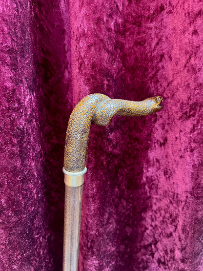 Vintage Wood Walking Cane – Hand Carved Snake Head Handle Antique Style