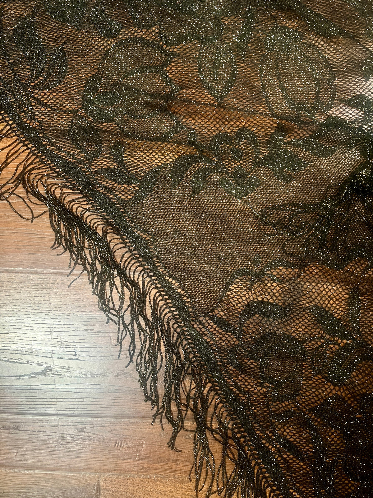 Vintage Metallic Net Shawl - Black Gold Floral Lace Fringe Triangle Wrap