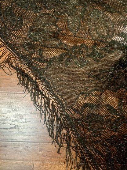 Vintage Metallic Net Shawl - Black Gold Floral Lace Fringe Triangle Wrap