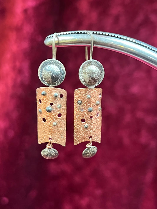 Vintage Jewelry - Drop Earrings - Copper and Silver Tone Metal - Brutalist