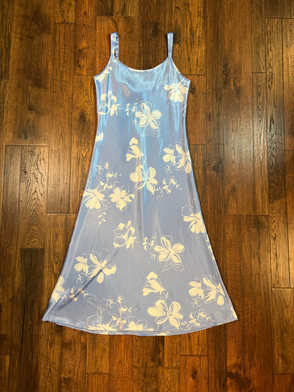 Vintage Clothing - Full Length Satin Nightgown - Baby Blue with White Floral Pattern - Medium