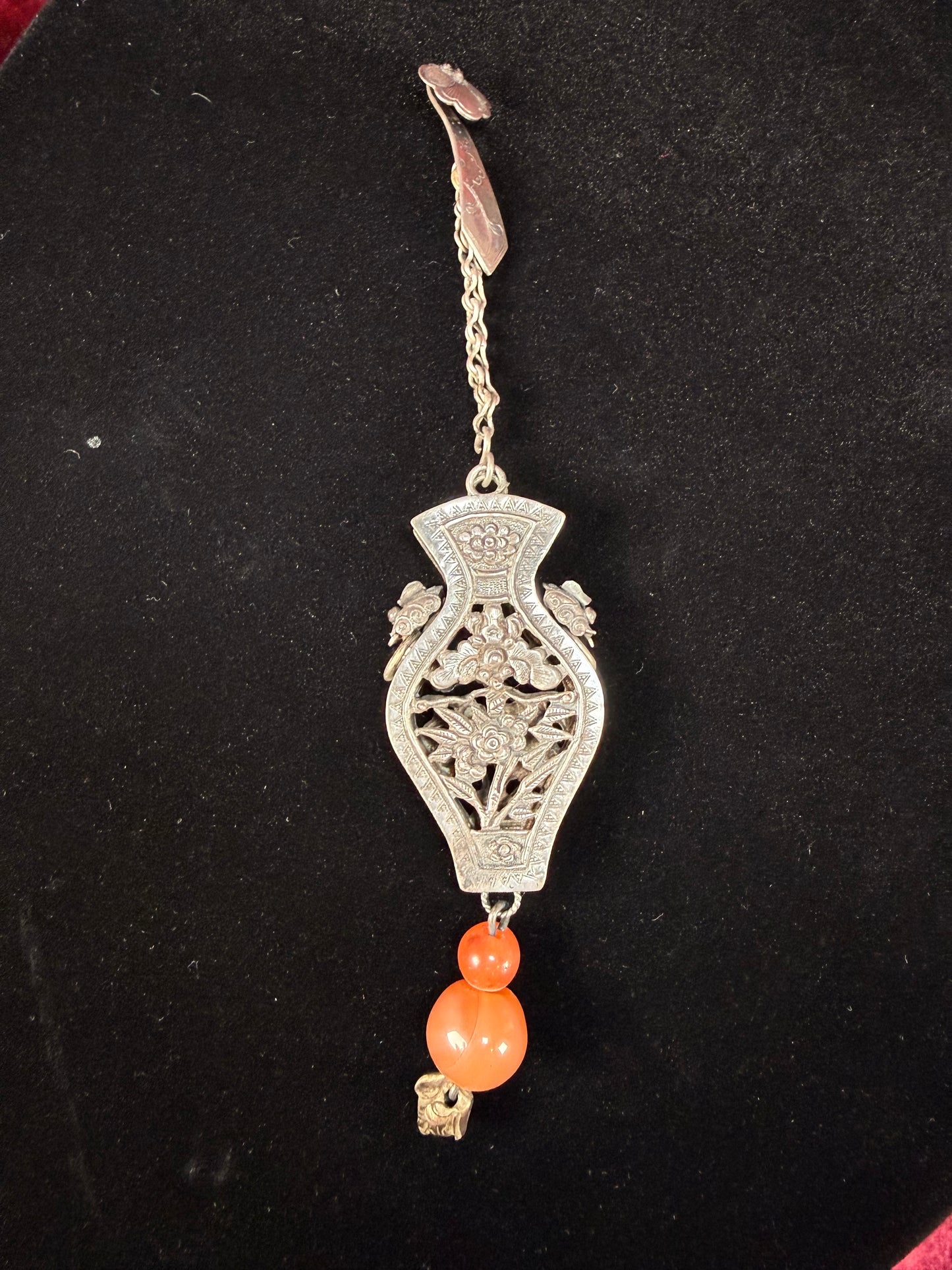 Antique Sterling Silver Needle Case Pendant Chatelaine – Carnelian Bead Late Qing Dynasty Style