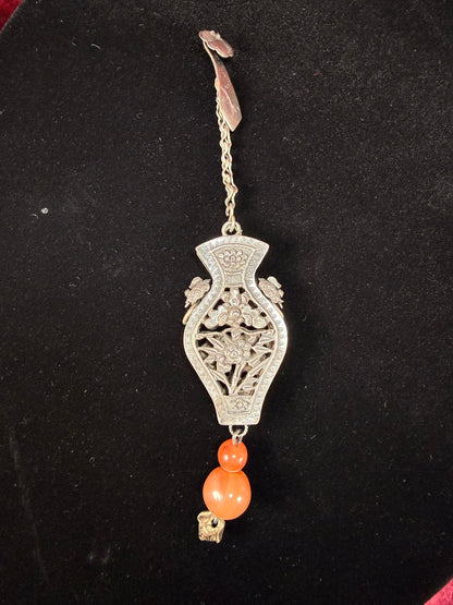 Antique Sterling Silver Needle Case Pendant Chatelaine – Carnelian Bead Late Qing Dynasty Style
