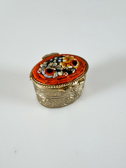 Vintage Italian Gold Ormolu Glass Mosaic - Micro Hinged Gold Pill or Snuff Box