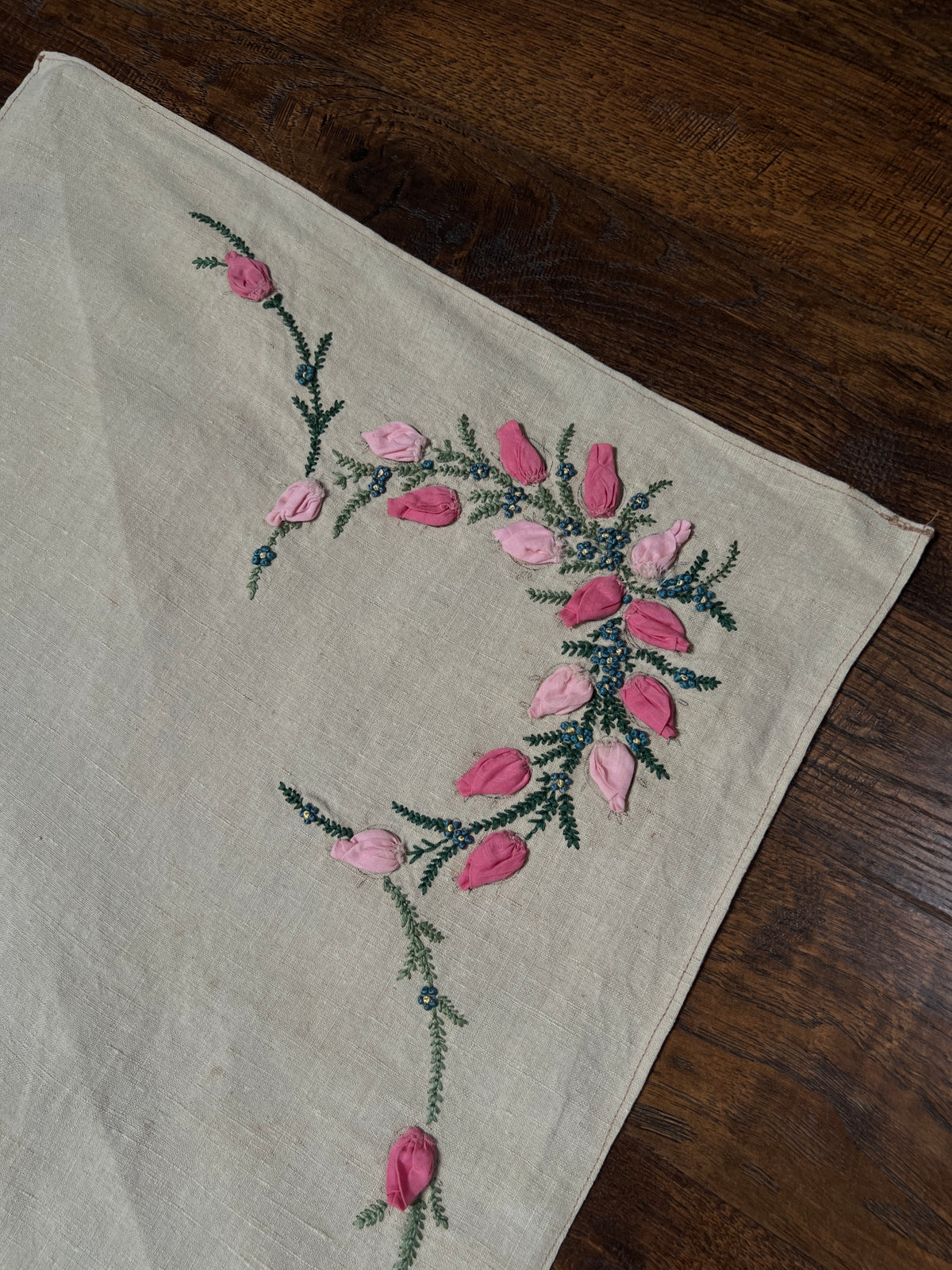 Vintage Rectangular Linen Table Runner - Hand Embroidered Puffy Pink Rosebud Vine