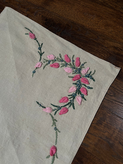 Vintage Rectangular Linen Table Runner - Hand Embroidered Puffy Pink Rosebud Vine