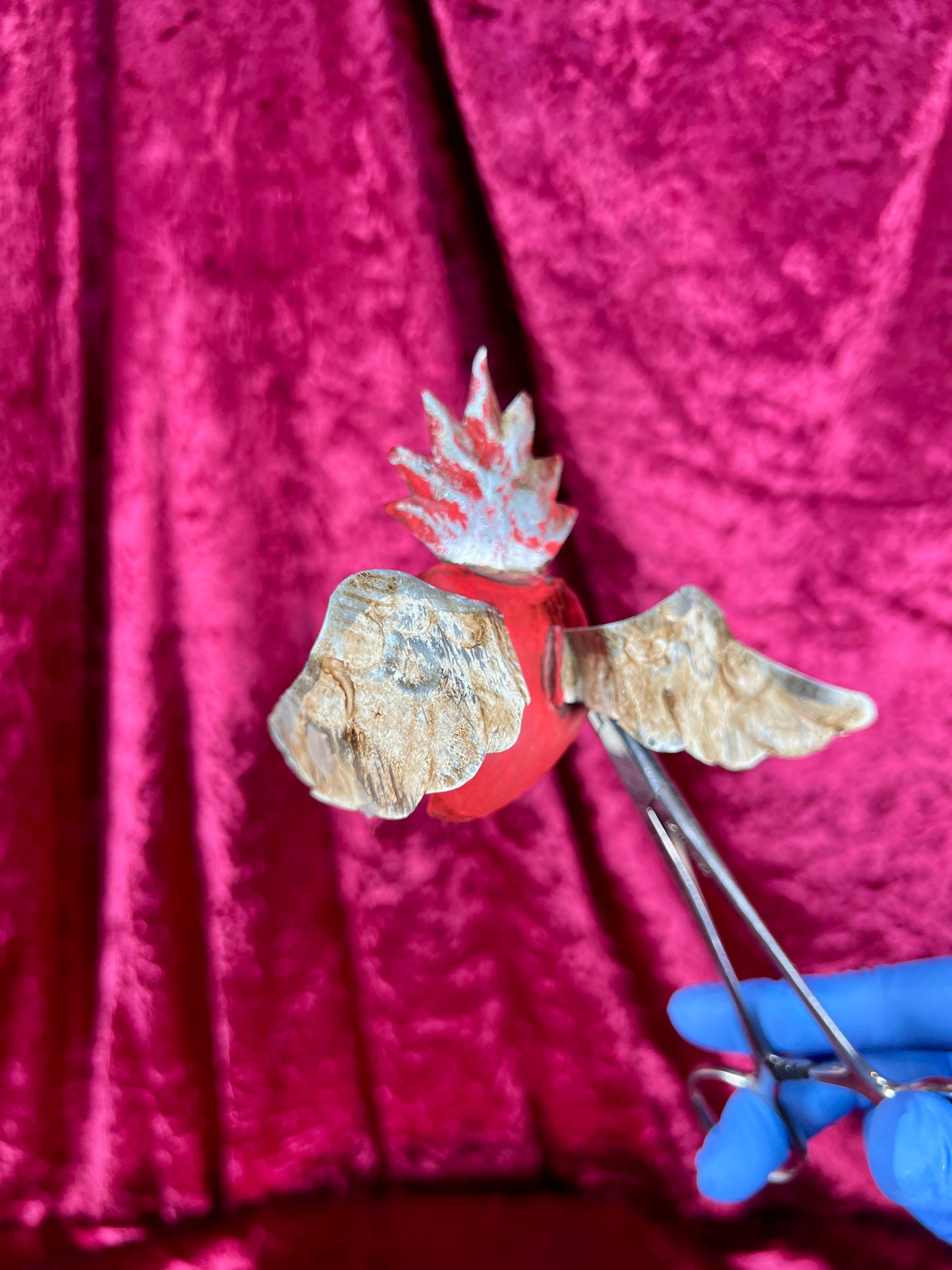 Vintage Wall Art - Painted Tin - Winged Sacred Milagro Heart