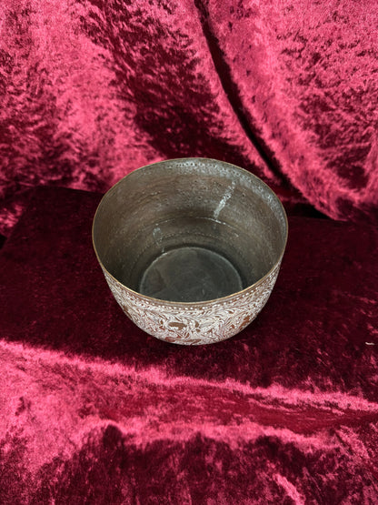 Vintage Etched Brass Bowl – Intricate Floral Scrollwork Indian Style
