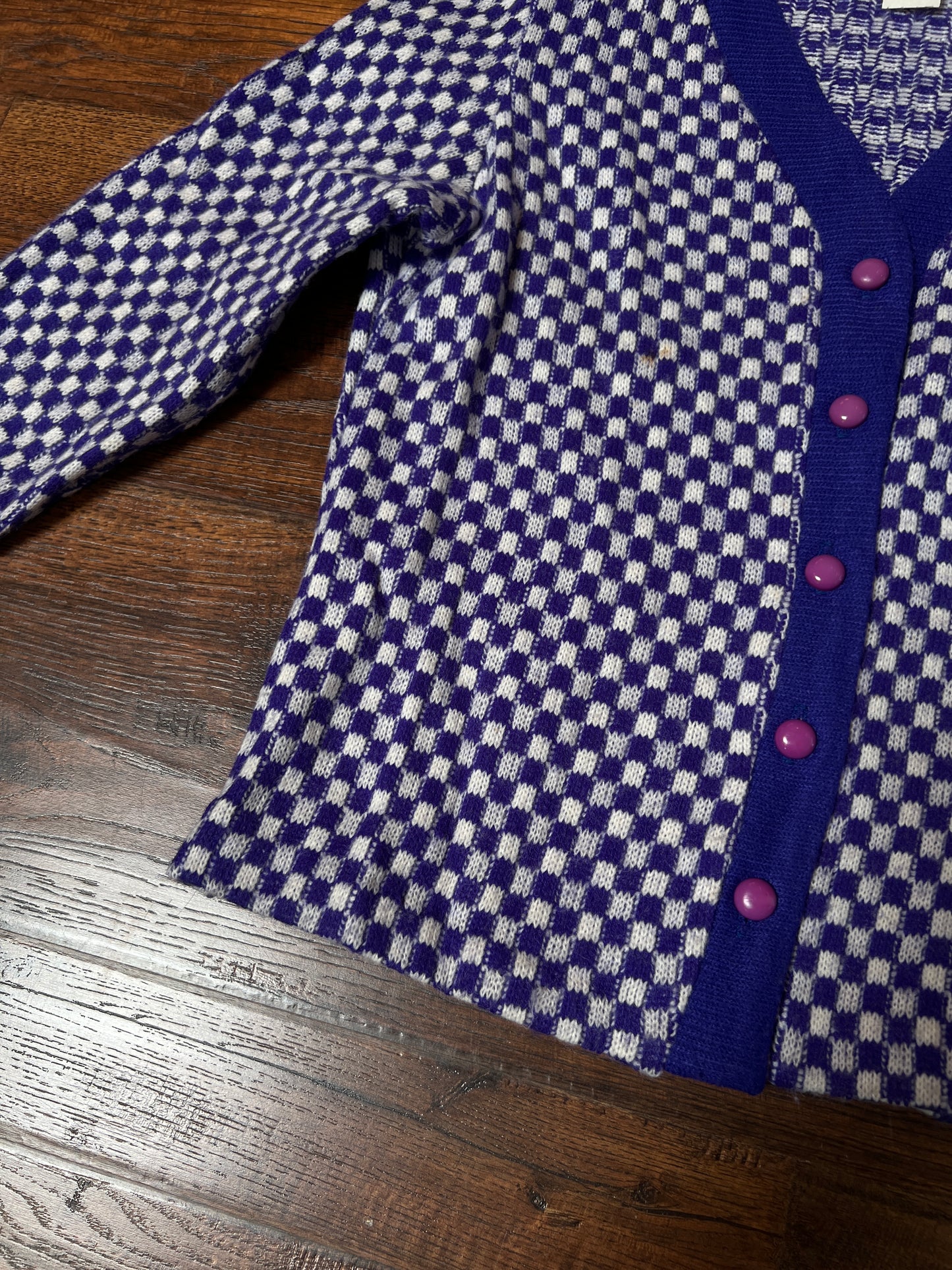 Vintage Acrylic Cardigan - Purple White Checkered Knit Button Front Sweater - Small