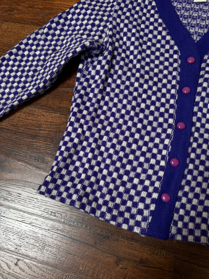 Vintage Acrylic Cardigan - Purple White Checkered Knit Button Front Sweater - Small