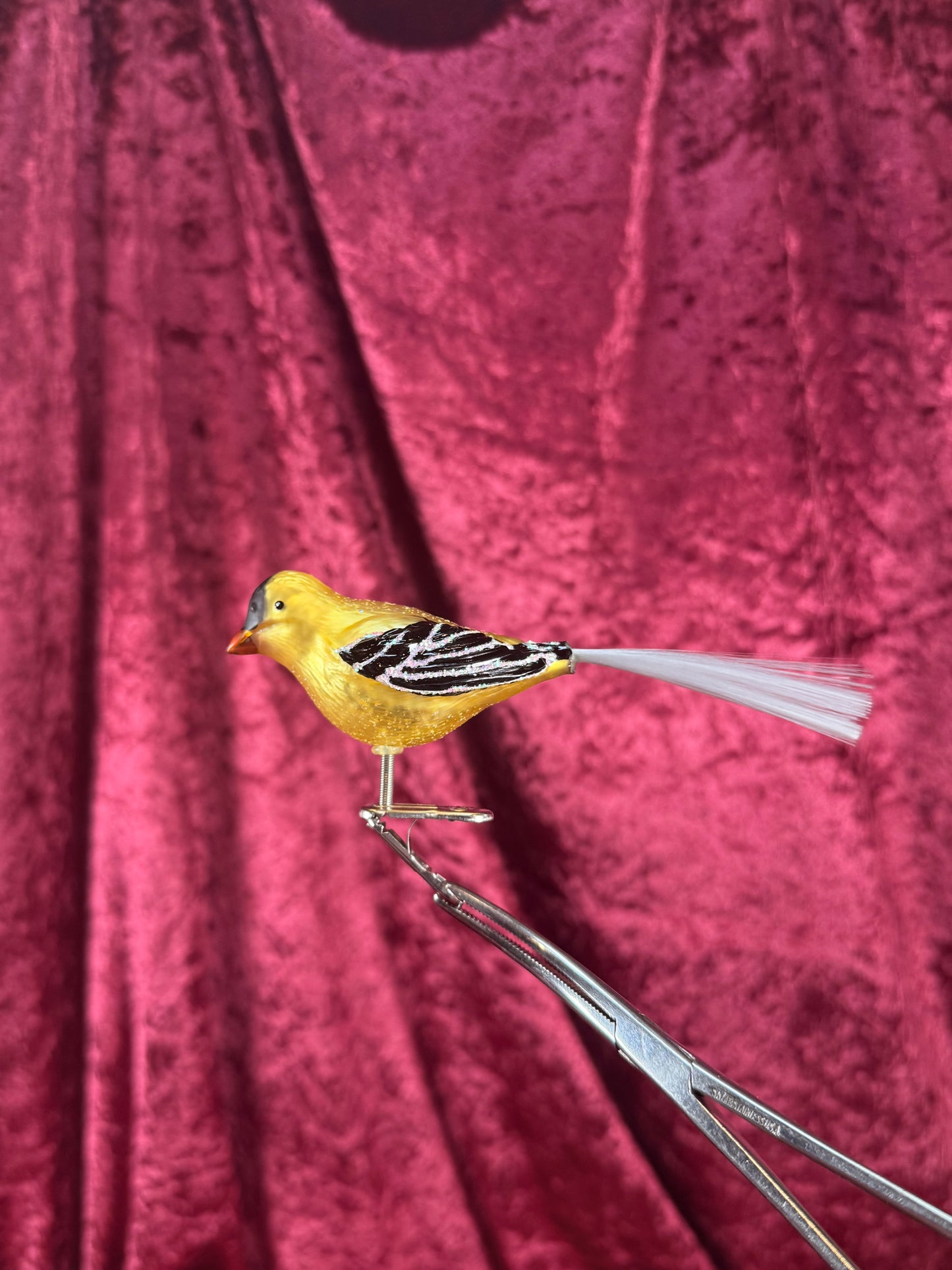 Vintage Christmas - Handblown Glass Clip On Ornament - Yellow Chickadee with Nylon Hair Tail