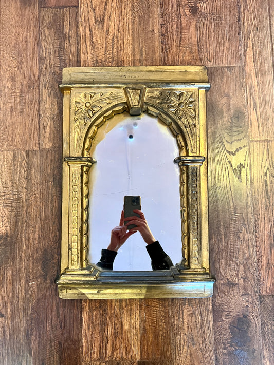 Vintage Mirror - Plaster Frame - Gold Portal with Ornate Flowers and Columns - 19.5” X 12.5”