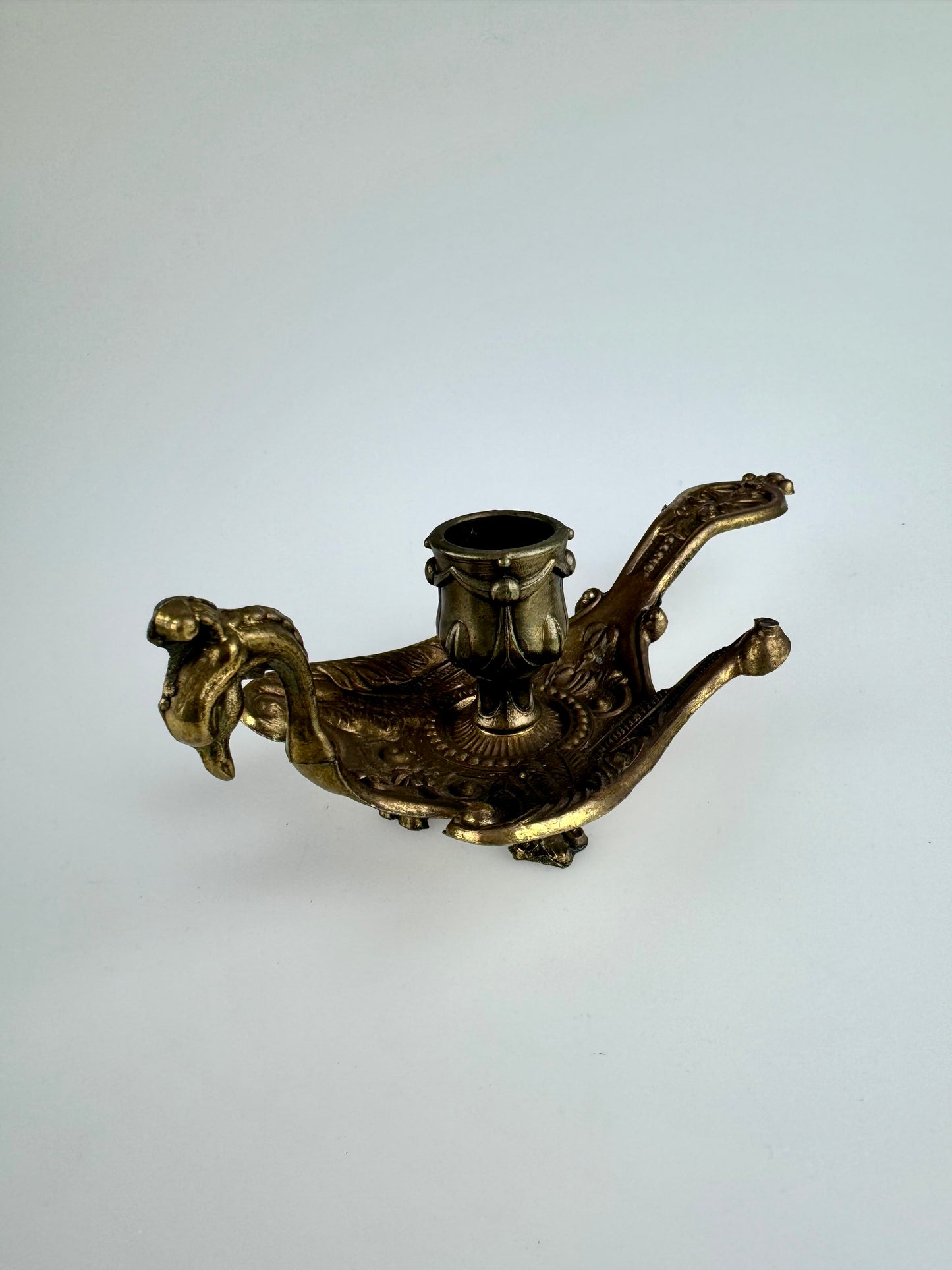 Vintage Italian Aged Brass Peacock Chamber Candle Stick Holder