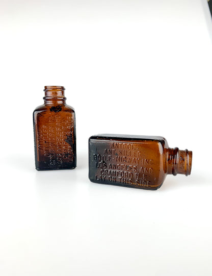 Antique Miniature Amber Glass Poison Bottles - Antrol Ant Killer - Set of 2