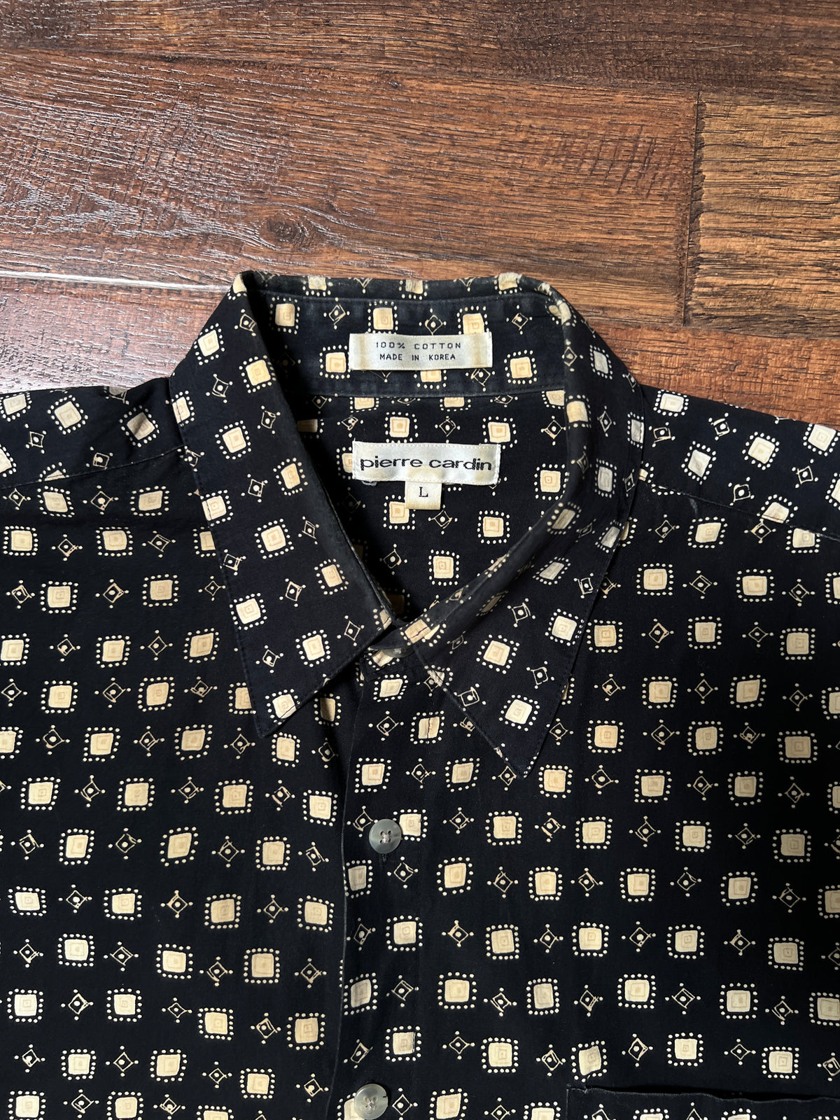 Vintage Pierre Cardin Cotton Shirt – Black and Beige Geometric Print – Size Large