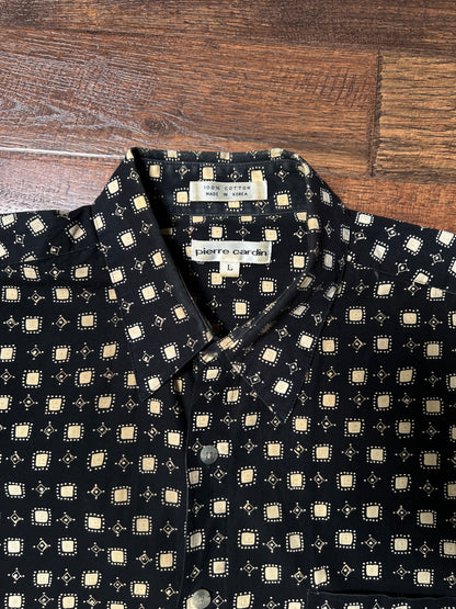 Vintage Pierre Cardin Cotton Shirt – Black and Beige Geometric Print – Size Large