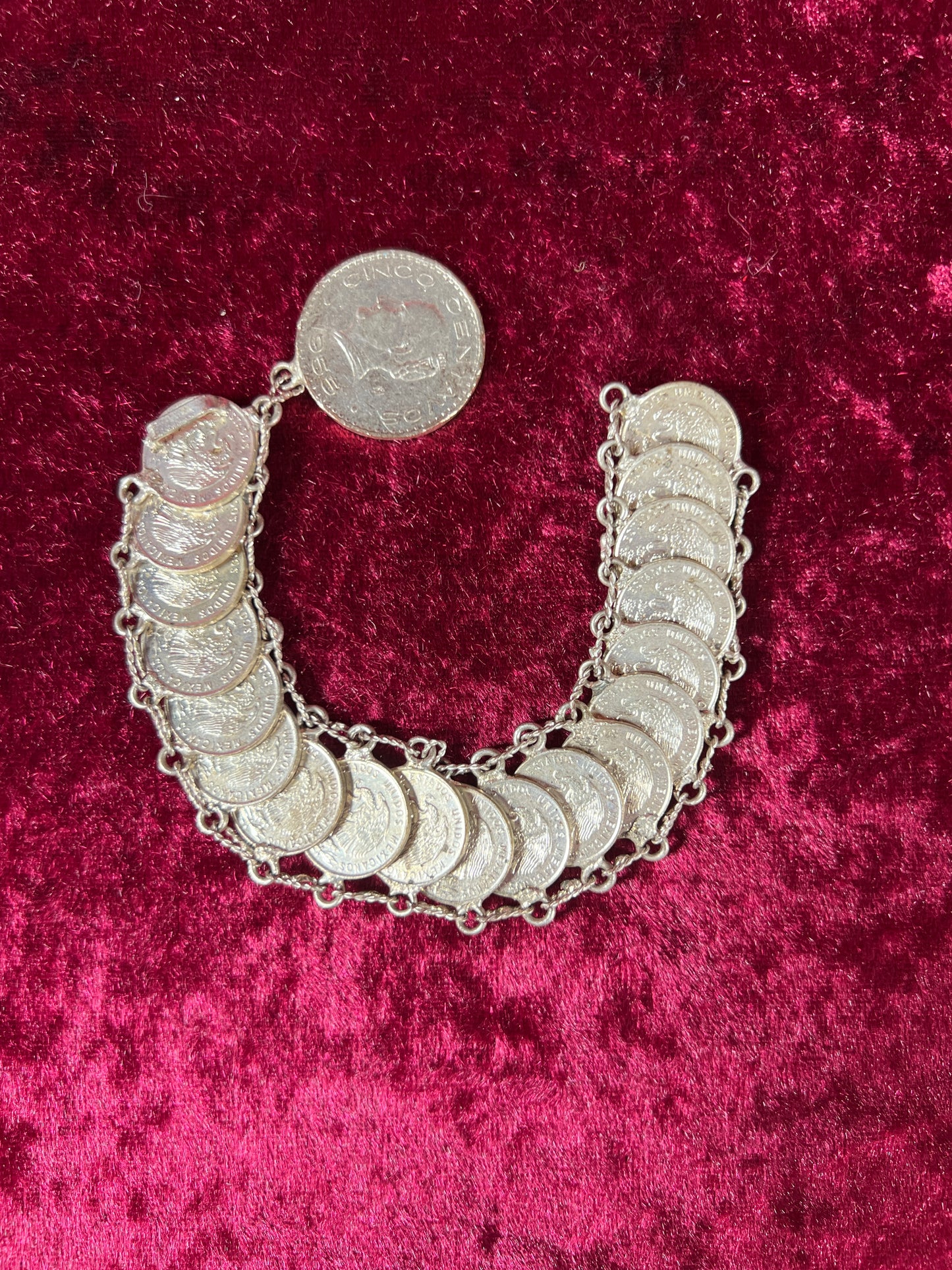 Vintage Jewelry - Coin Bracelet - Silver - Mexican Centavos - 7"