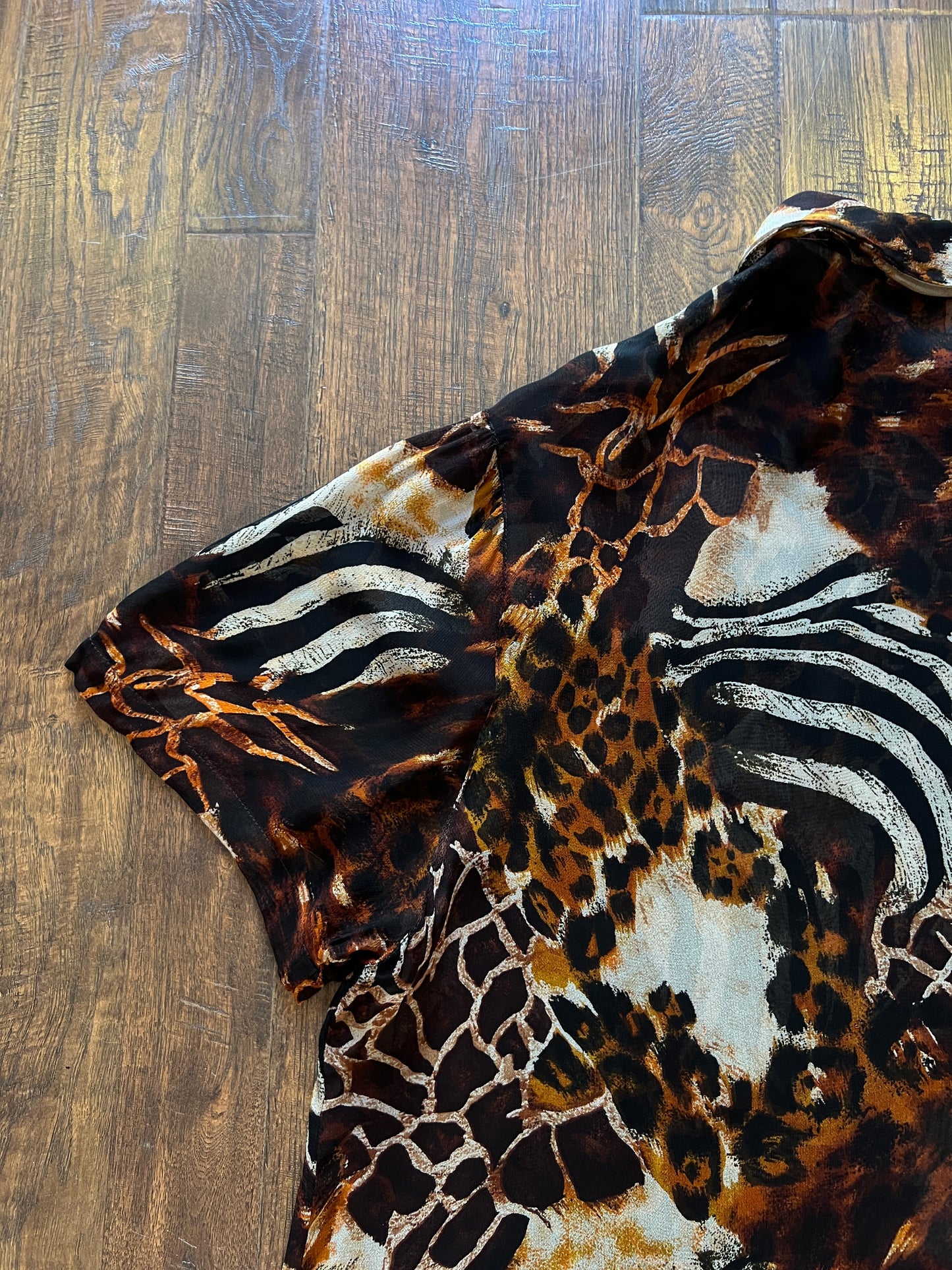 Vintage Rayon Button Front Shirt - Patchwork Animal Print by Avenue - 2X-Large