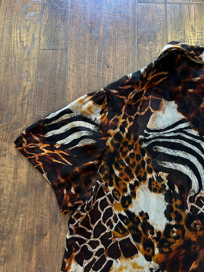 Vintage Rayon Button Front Shirt - Patchwork Animal Print by Avenue - 2X-Large
