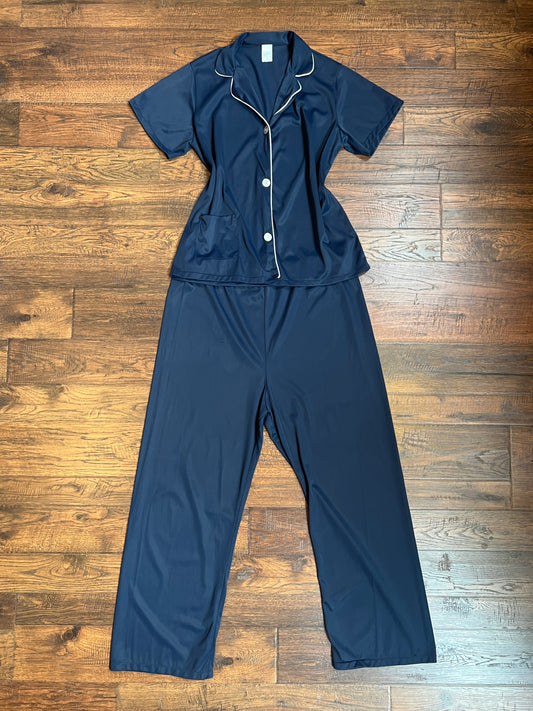 Vintage Clothing - Sheer Pajama Set - Dark Blue and White - Medium - Made In USA