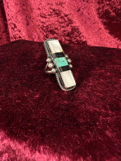 Vintage Sterling Silver Ring – Turquoise and Mother of Pearl Inlay Statement - Size 6