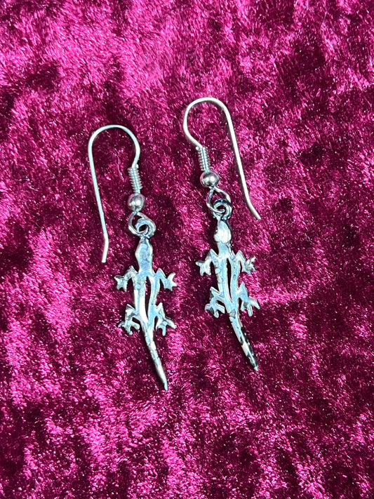 Vintage Jewelry - Drop Earrings - Silver Tone Lizards