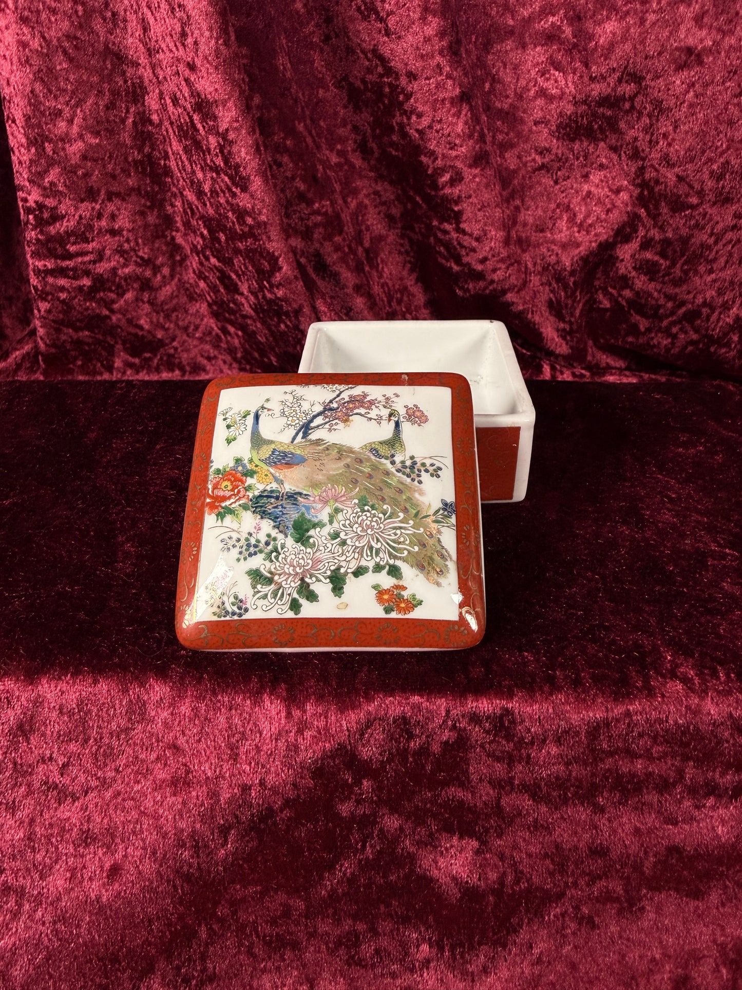 Vintage Ceramic Trinket Box – Peacocks In The Flower Garden - Lidded - Made In Japan