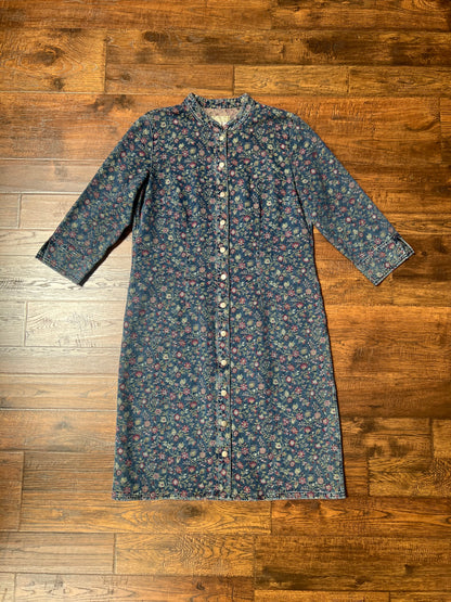 Vintage Clothing - Jacket - Blue Floral Denim Button Up Jacquard Long Shirt Dress - The Territory Ahead - Size 12