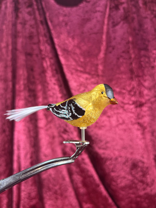 Vintage Christmas - Handblown Glass Clip On Ornament - Yellow Chickadee with Nylon Hair Tail