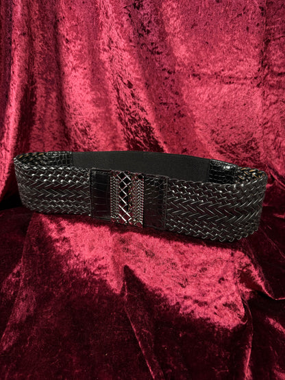 Vintage Accessories - Faux Leather Braided Stretch Waist Belt - Black - Medium / Large