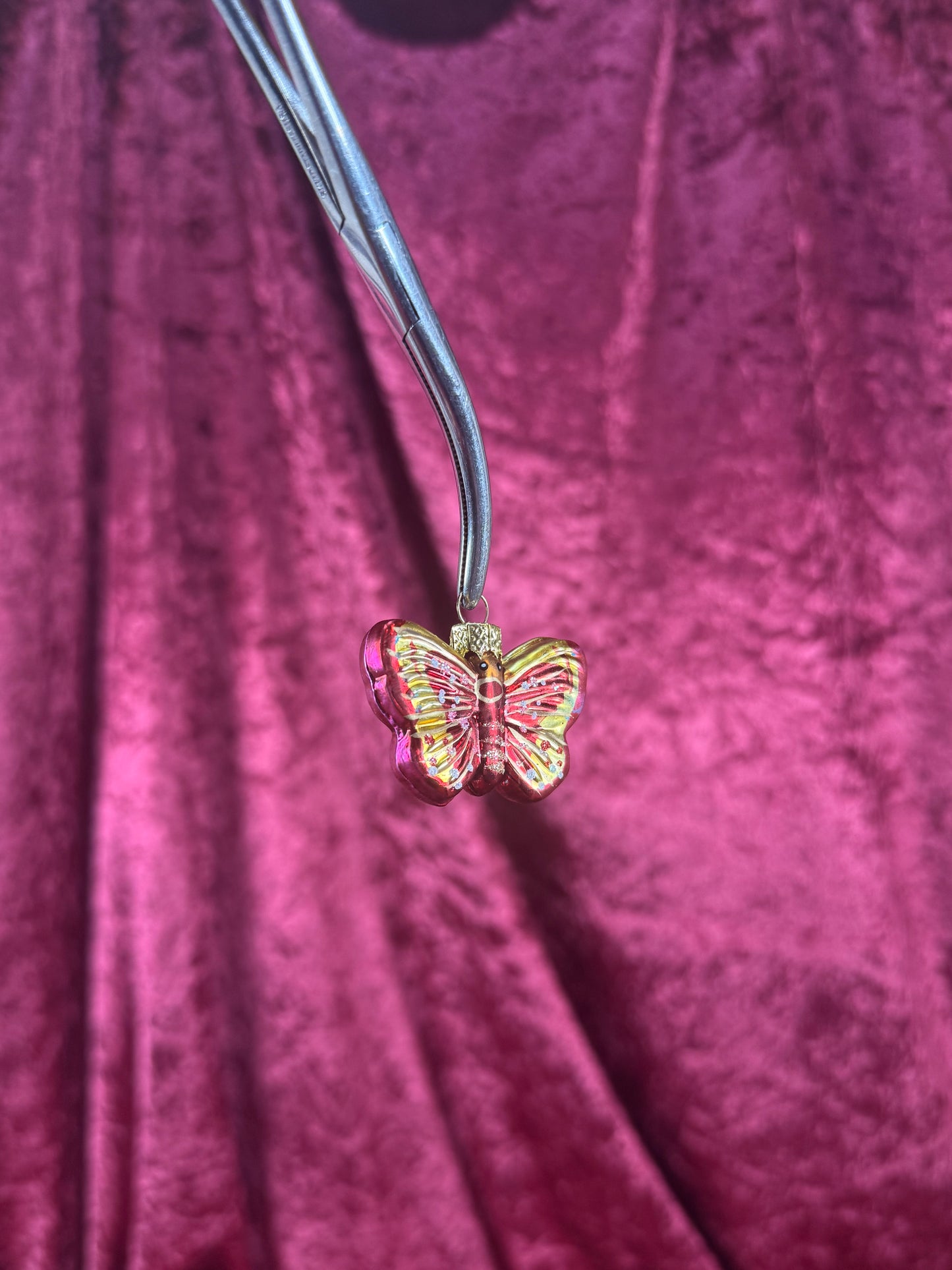 Vintage Christmas - Handblown Glass Ornament - Hot Pink Butterfly - 1.75"