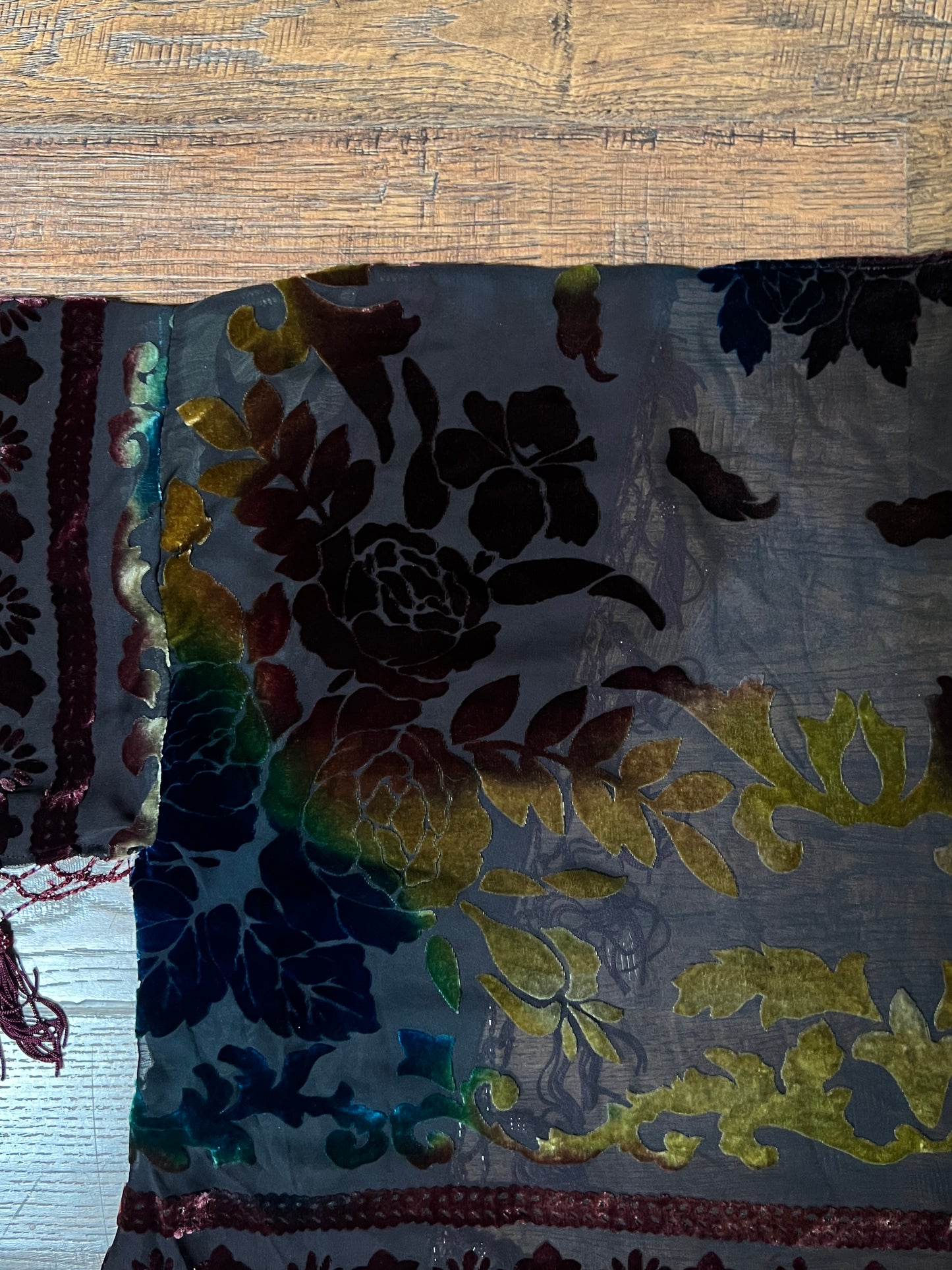 Vintage Velvet Burnout Shawl - Jewel Tone Floral Beaded Fringe Wrap - Size Small
