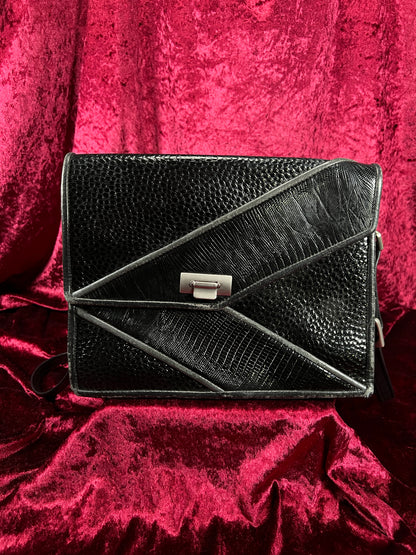 Vintage Y2K Black Leather Shoulder Bag - Reptile Embossed Patchwork Purse