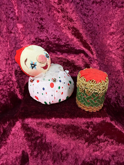 Vintage Pin Cushion Set – Mid Century Jester Clown and Drum - Tape Measure Nose