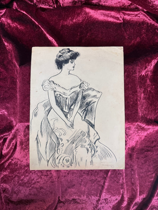 Antique Original Pen and Ink Illustration - Edwardian Gibson Girl Seated Portrait Signed 1909