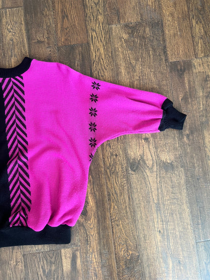 Vintage Clothing - 1980s Sweater - Hot Pink and Black - R Knit - Medium - Made In England