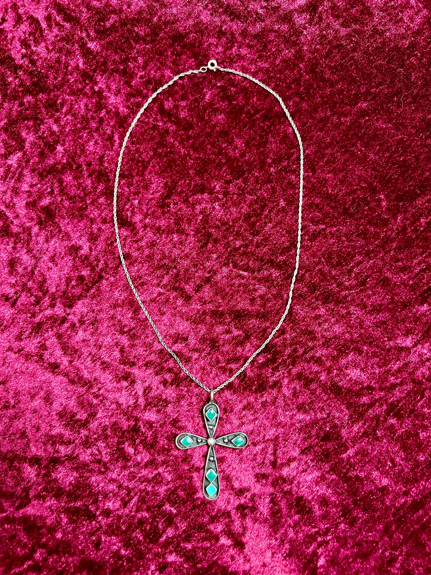 Vintage Jewelry - Pendant Necklace - Sterling Silver - Zuni Turquoise Cross