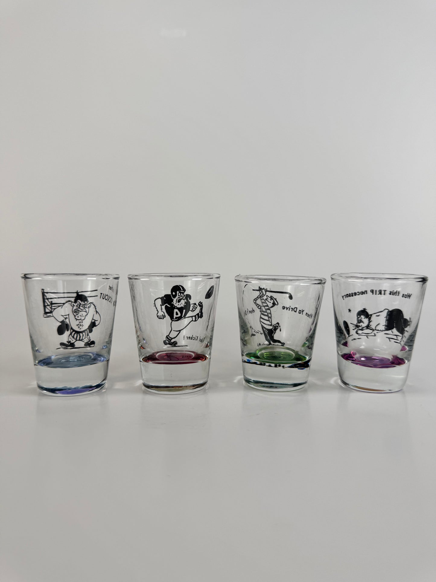 Vintage Barware - Kitschy Sports Humor - 1950s Shot Glass Set of 4