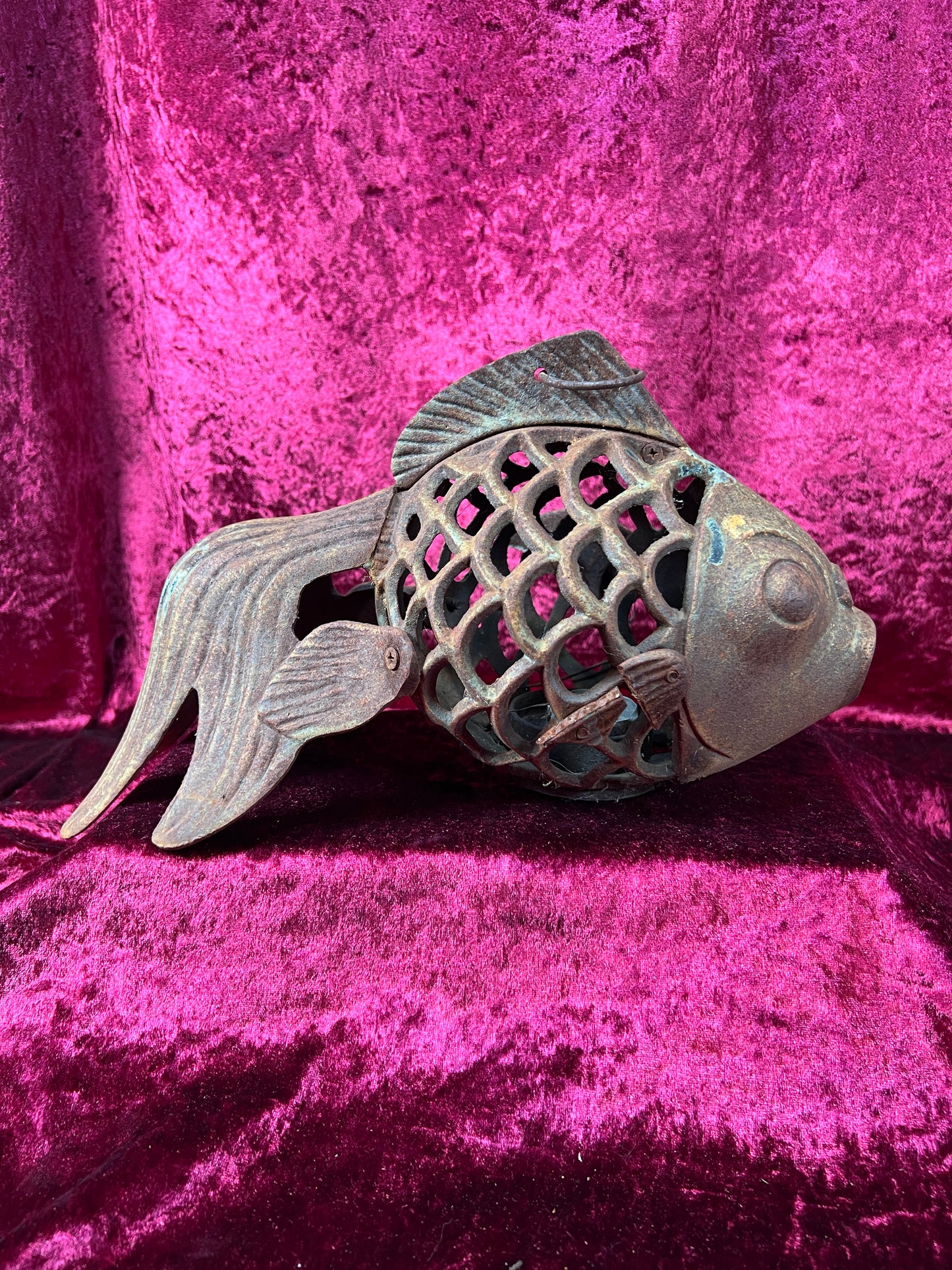Vintage Home Decor - Hanging / Tabletop Candle Lantern - Cast Iron Koi Fish